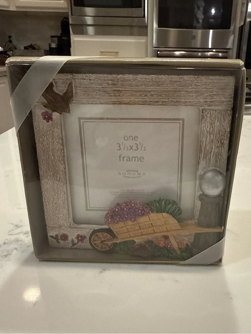 Sonoma Home Goods Cottage Garden Photo Frame NIP 3.5x3.5 Wheelbarrow Bird Floral
